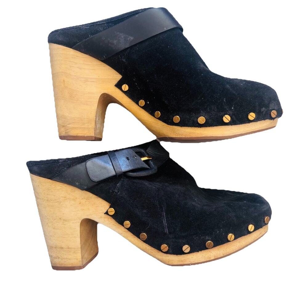 Veronica Beard Hendrix Buckled Studded Clogs Sueded Black Leather 9 $385
